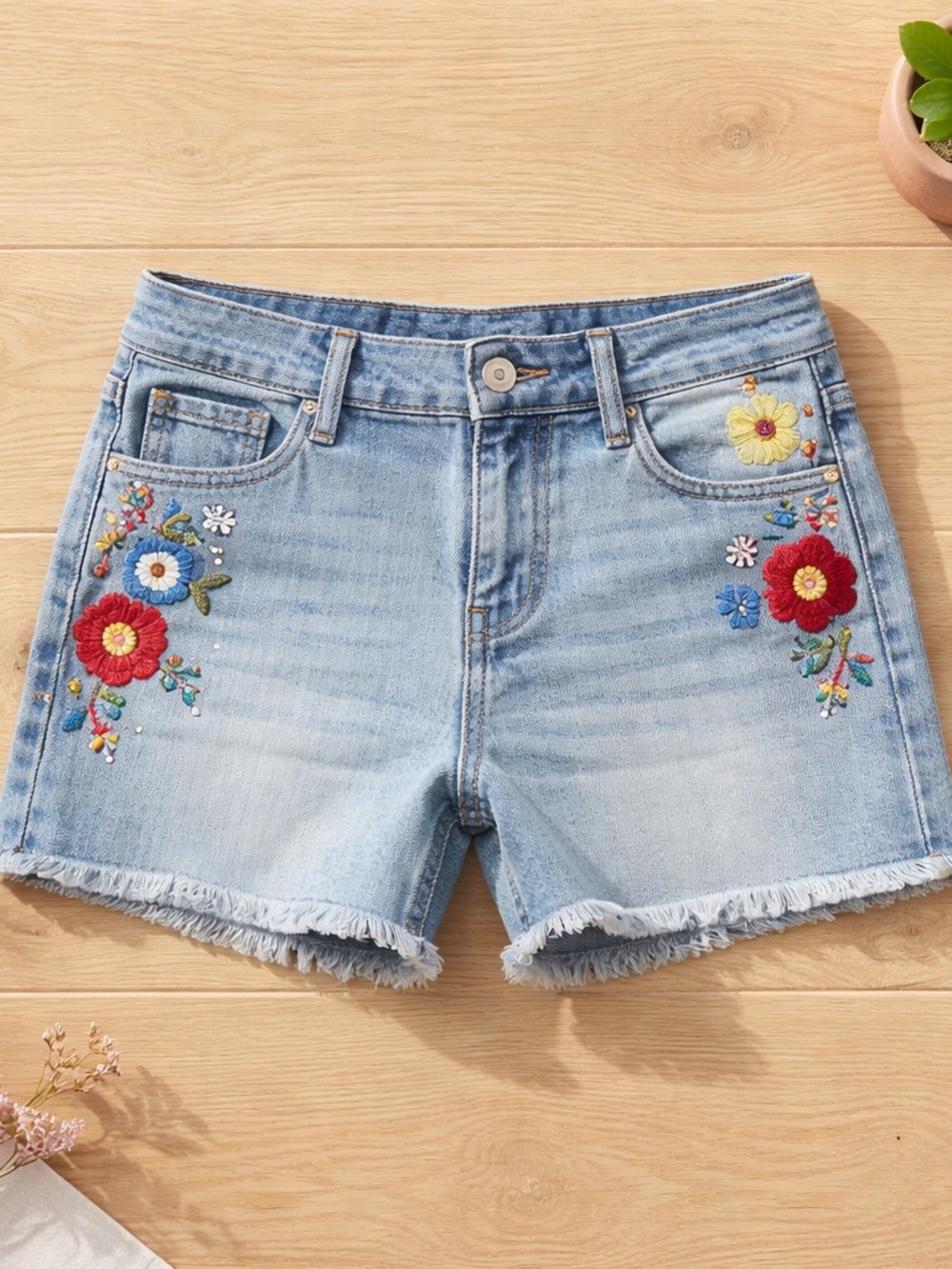 Indigo Rein Embroidered Light Wash Denim Shorts - Blue Floral